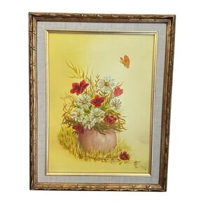 VTG 1977 Oil Painting 15x19 Inch Canvas Still Life Red White Flowers Vase Signed